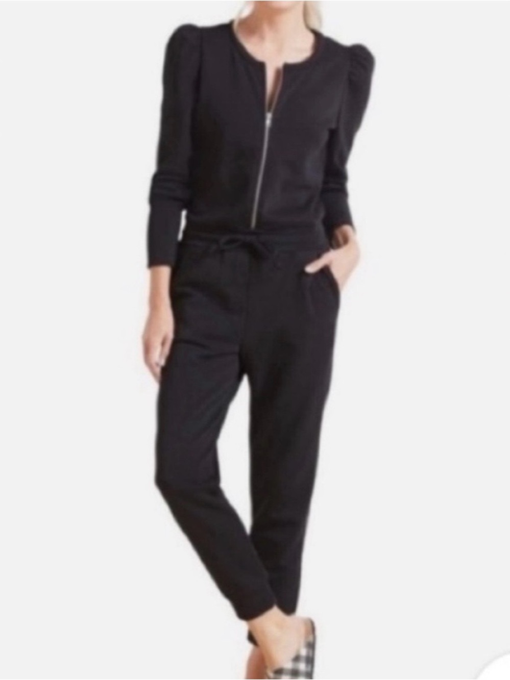 Chaser Black Puff-Sleeve Zipper Drawstring Waist Jumpsuit